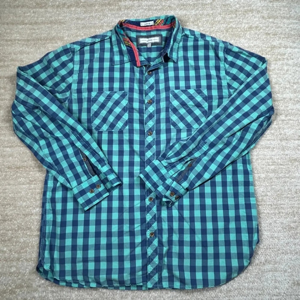pd & c Mens XL Teal Navy Blue Gingham Check Cotton Button Down Shirt PW9KWK35